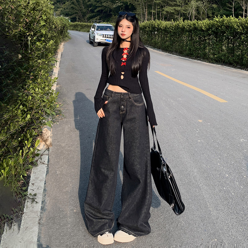 實拍美式復古低腰寬鬆闊腿褲排扣秋冬垂感直筒牛仔褲女&常規加絨