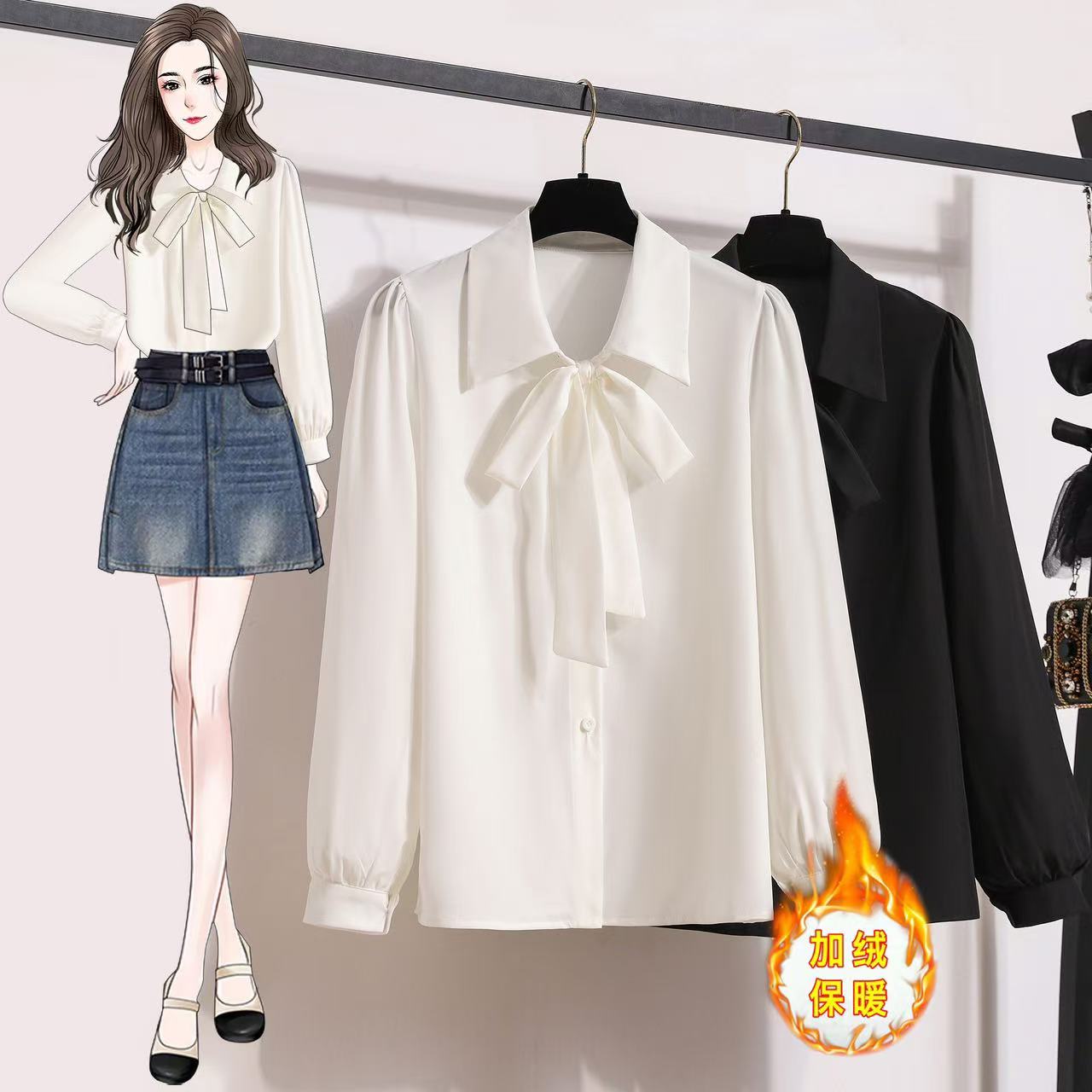 Women's Long Sleeve Thick Warm Fleece White Shirt for Autumn and Winter, Professional Work Dress Shirt with Real Photos