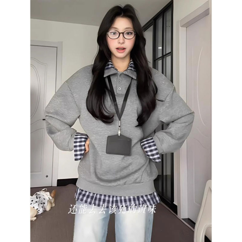 Korean fake two-piece plaid long-sleeved T-shirt for women in autumn and winter new style lazy style loose jacket