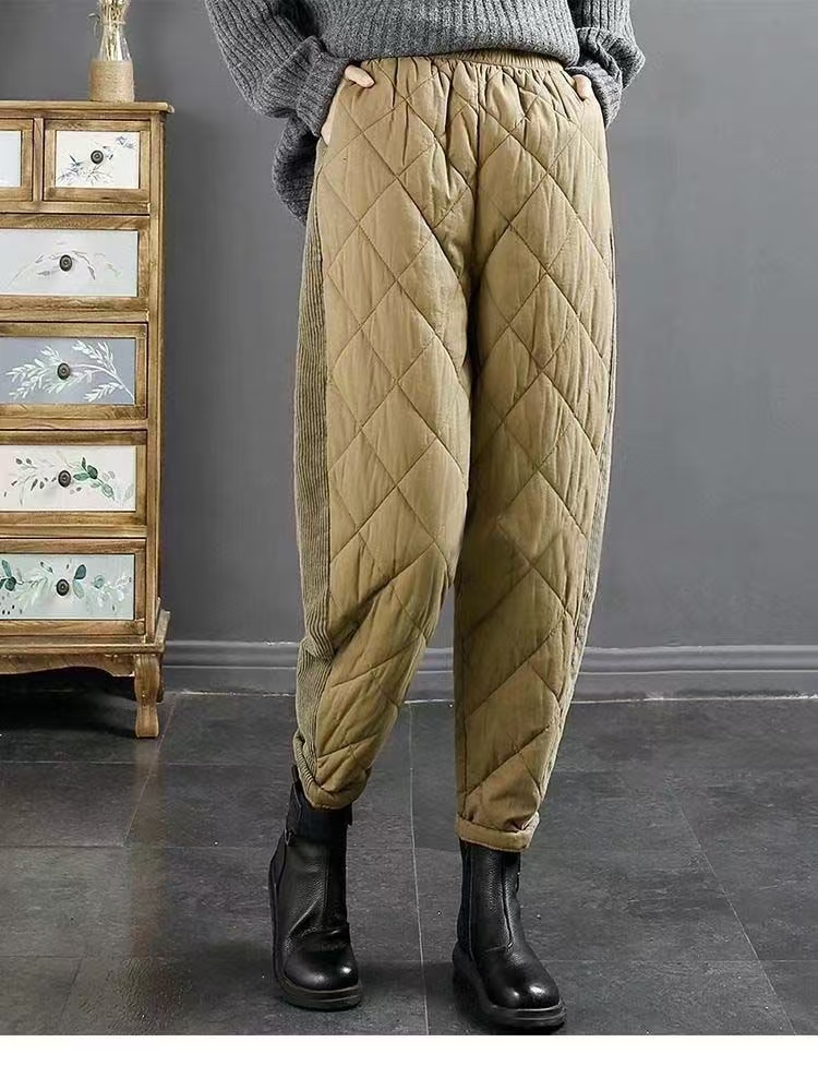 Splicing corduroy herringbone-stitched down-filled cotton pants for women, winter windproof and warm, harem pants