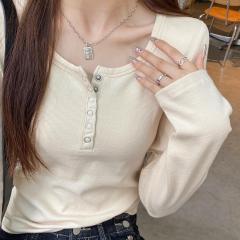 Official picture 40 count pure cotton autumn and winter long-sleeved T-shirt women's slim bottoming shirt solid color buttoned top