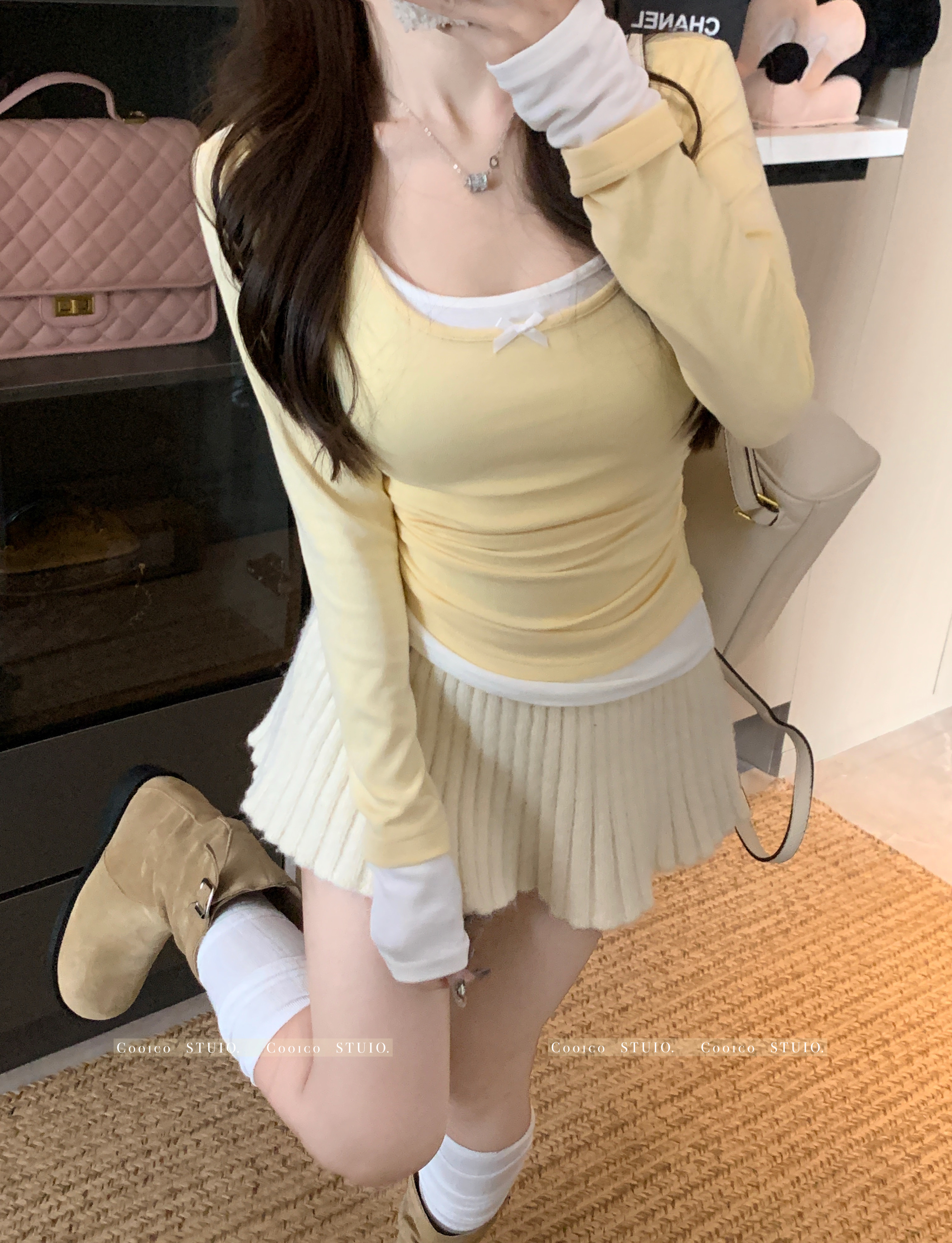 Photographed~ Layered Oversized Two-Piece Contrast Color Long-Sleeve Fashion Tailored Top