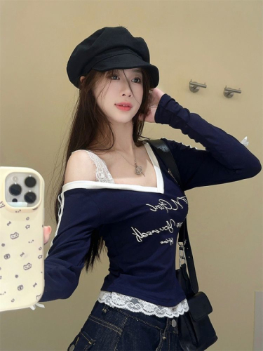 Bow lace stitching long-sleeved T-shirt for women autumn new hot girl design slim slim printed top ins