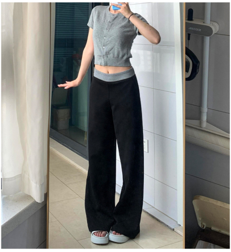 Black high-waisted wide-leg casual sweatpants for women in spring and autumn, loose and lazy style American sports trousers