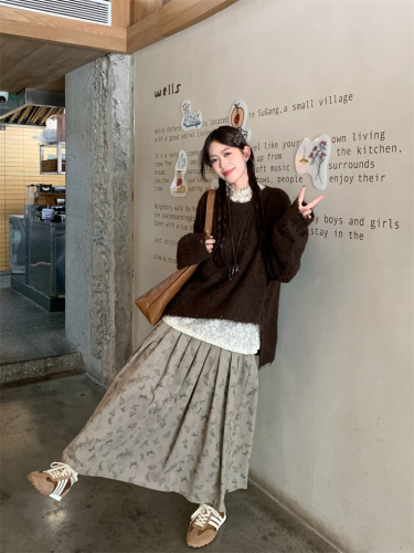 Real shot autumn new style lazy sweater floral bottom shirt butterfly print half skirt three-piece set 