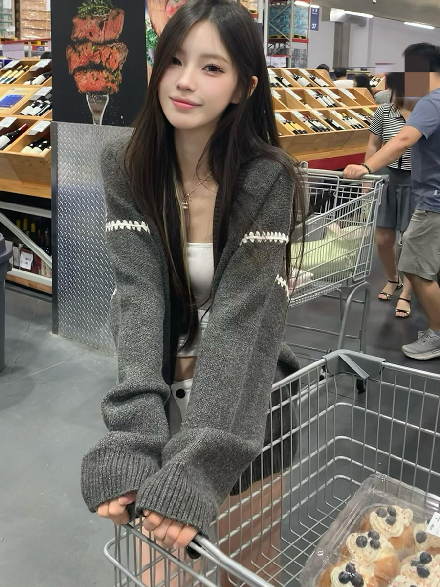 Sheep cashmere #American retro gray cardigan v-neck sweater for women spring and autumn loose soft waxy gentle versatile sweater trendy