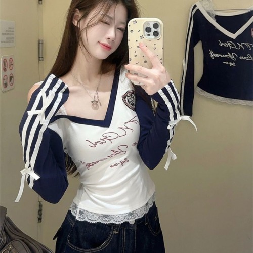 Bow lace stitching long-sleeved T-shirt for women autumn new hot girl design slim slim printed top ins