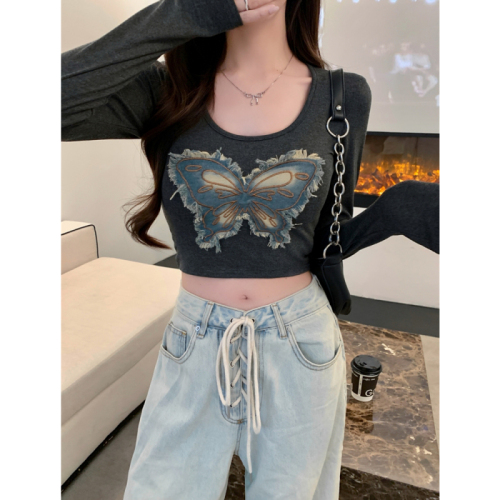 Real shot of 260g rayon patch butterfly large U-neck long-sleeved T-shirt pure lust style right shoulder versatile short top