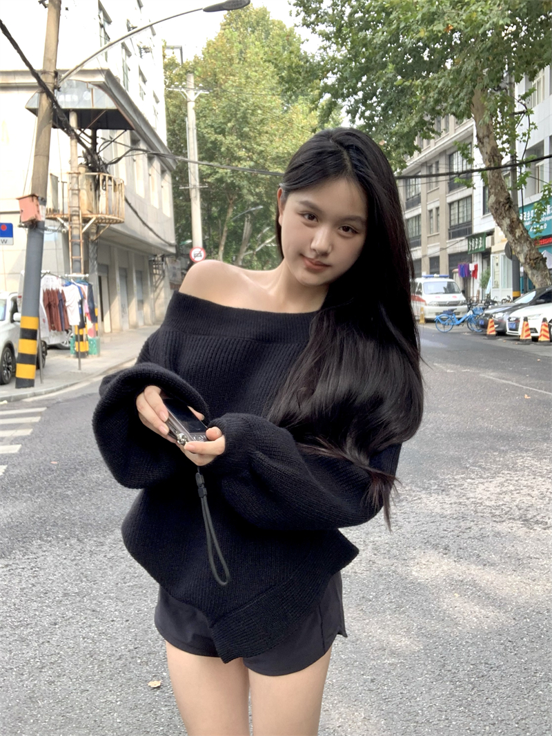 Real shot ~ Temperament Truffle Black Coco Lazy Knitted Top Women's Loose Casual Pullover Sweater