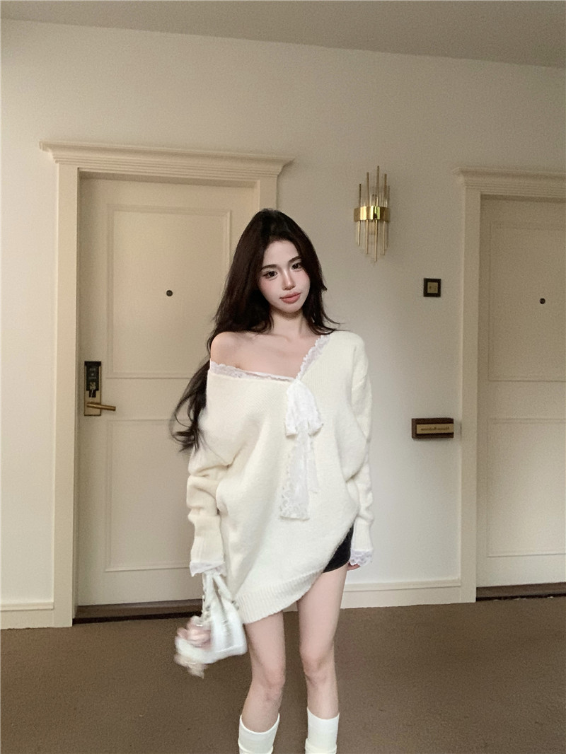 實拍實際  蕾絲蝴蝶結拼接寬鬆長袖毛衣慵懶風甜美針織衫上衣
