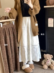 ~Photographed~ Slimming Fall/Winter Fleece Lined Lace Splicing Cake Hem Dress with Elegant Design A-line Long Dress