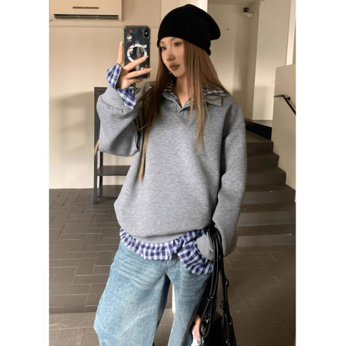 Korean fake two-piece plaid long-sleeved T-shirt for women in autumn and winter new style lazy style loose jacket