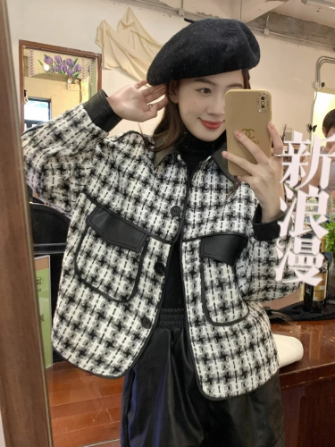 European Station Xiaoxiangfeng Houndstooth Woolen Jacket Women's Autumn New PU Leather Splicing Short Jacket Top