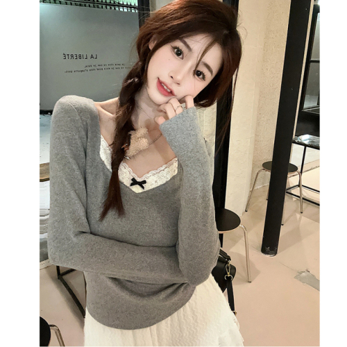 Lace splicing brushed warm bottoming shirt long-sleeved T-shirt for women autumn and winter gray slim fit inner with velvet thickened top