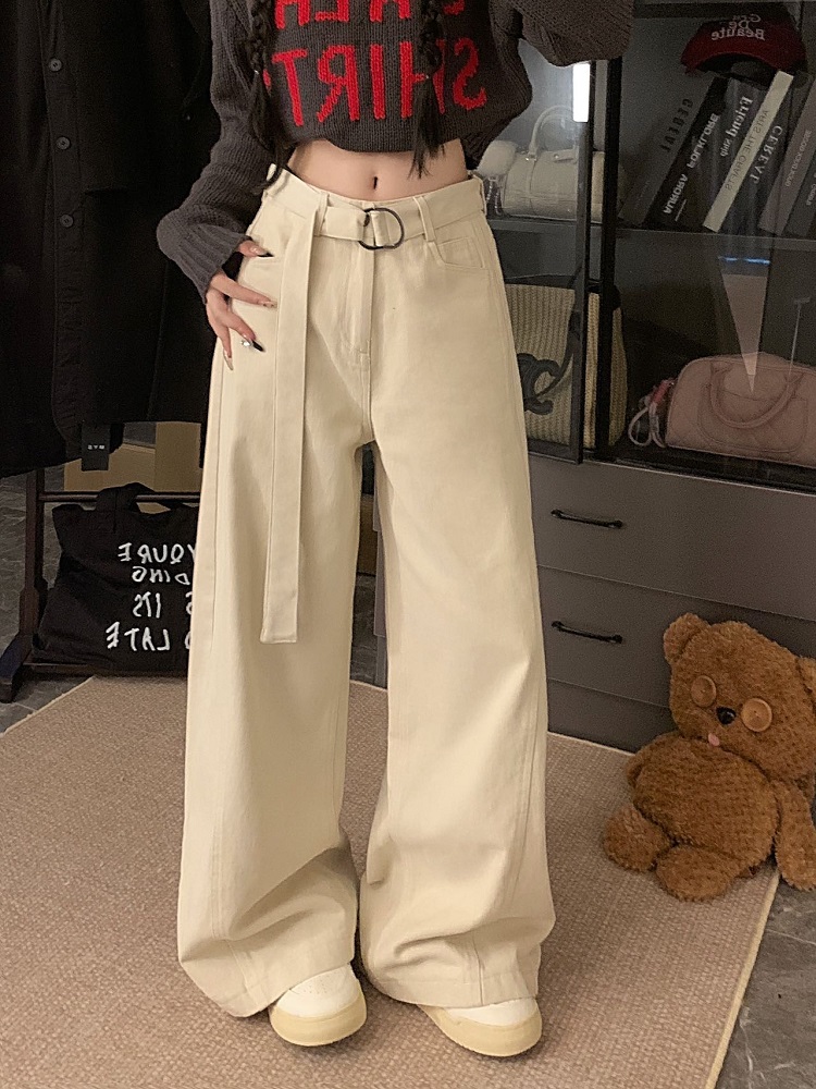 Photographed Design Belt High-Waist Thick Fleece Casual Pants Autumn/Winter Loose Slim Flared Pants Floor-Length Pants