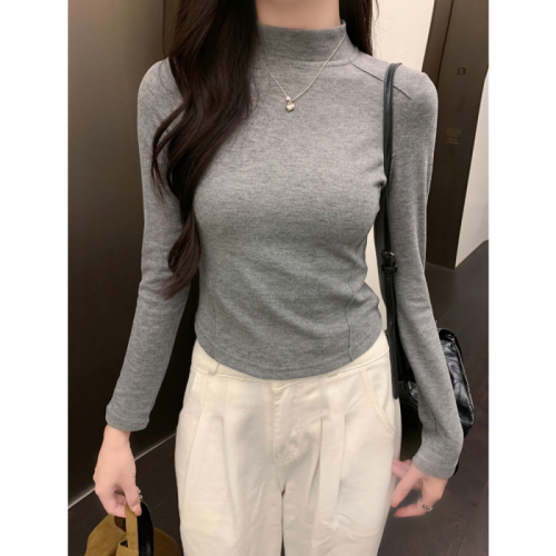 Actual shot of velvet half-turtle collar, stand-up collar, long-sleeved T-shirt for women, winter herringbone line outer wear, warm base layer underneath