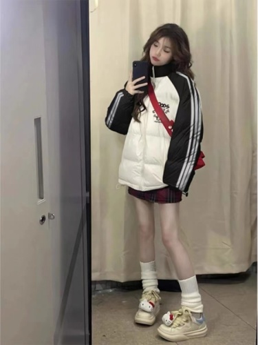 American fashion brand black and white contrasting color down cotton coat women's winter oversize stand-up collar bread coat thickened cotton jacket