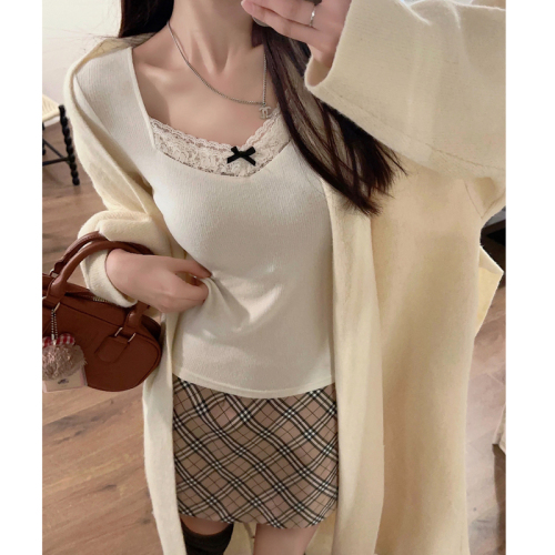 Lace splicing brushed warm bottoming shirt long-sleeved T-shirt for women autumn and winter gray slim fit inner with velvet thickened top