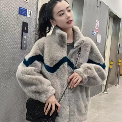 2024 winter new women's fur integrated fur coat stand collar rabbit fur coat lamb hair short plus velvet thickening