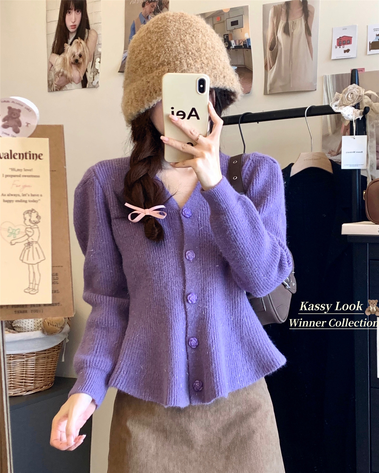 Real shot~French retro sweater for women in autumn and winter, high-end ruffle hem slim cardigan short jacket