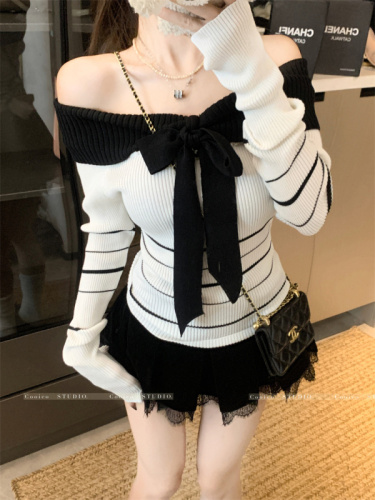 Photographed Design Sense Contrast Striped One-Shoulder Knit Top Early Autumn Soft and Silky Fitted Short Sleeveless Upfront Top