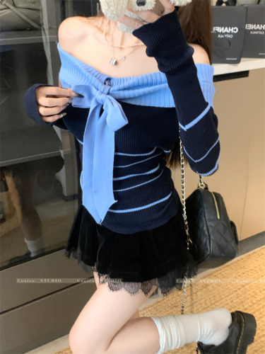 Photographed Design Sense Contrast Striped One-Shoulder Knit Top Early Autumn Soft and Silky Fitted Short Sleeveless Upfront Top