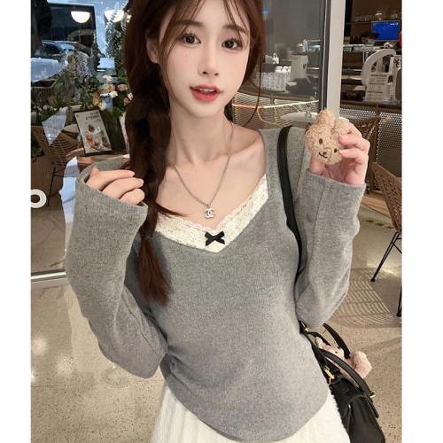 Lace splicing brushed warm bottoming shirt long-sleeved T-shirt for women autumn and winter gray slim fit inner with velvet thickened top