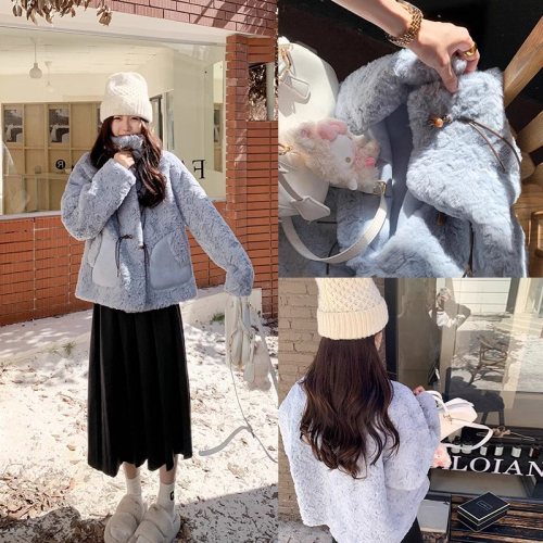 Horn button lamb fur all-in-one short coat for women winter 2024 new style small plus velvet thickened cotton coat