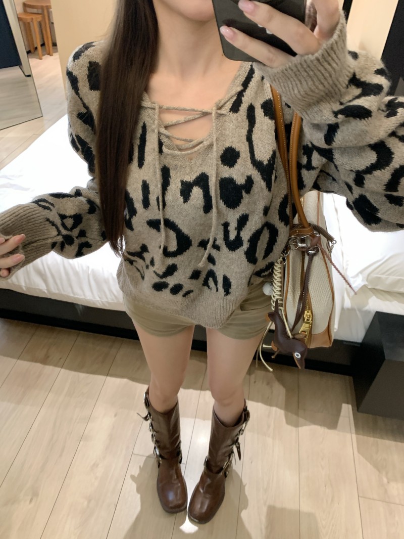 Real shot!!! Card color leopard print design sense knitted sweater women 2024 loose slimming top 