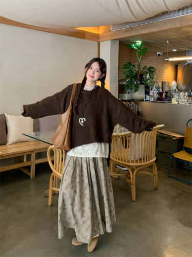 Real shot autumn new style lazy sweater floral bottom shirt butterfly print half skirt three-piece set 