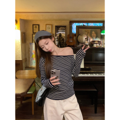 Actual shot of autumn and winter Korean style slim-fit slope-neck off-shoulder versatile Andy velvet sweater bottoming long-sleeved sweater