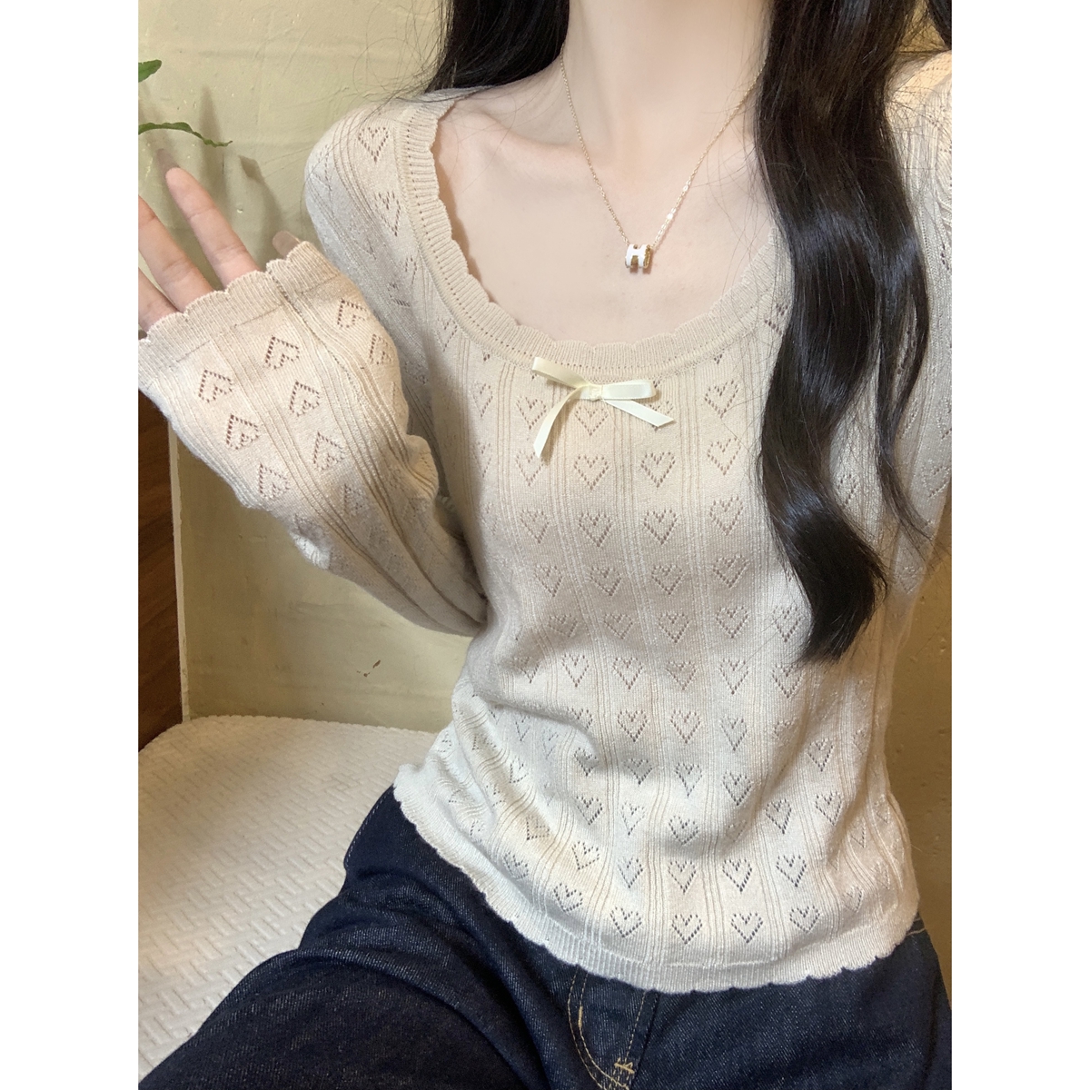 Actual shot of autumn and winter Korean style slim-fit pure desire love jacquard 6 wool sweater bottoming long-sleeved sweater top