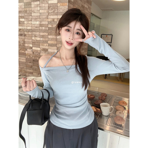 Swing collar, halter neck, clavicle-exposed long-sleeved T-shirt for women, autumn sweet style, slim-fitting short top ins