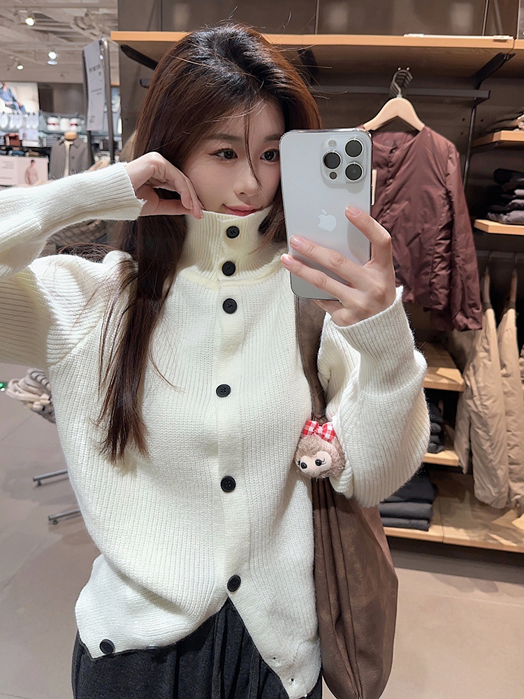 Real shot ~ high collar long sleeve knitted cardigan for women autumn design sweater jacket slimming ins