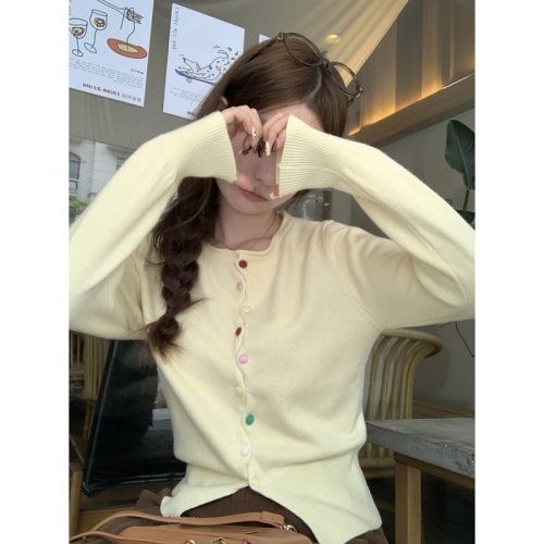 Real shot of autumn and winter Korean style sweet rainbow button design Andy velvet sweater long-sleeved sweater cardigan jacket