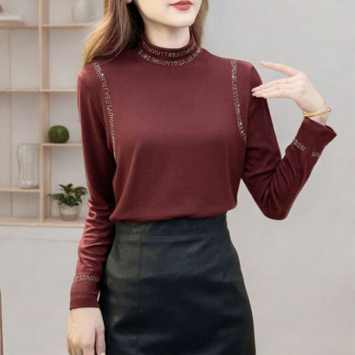 Autumn and winter slim fit autumn new slim high-neck T-shirt fashionable bottoming long-sleeved age-reducing temperament western style small shirt trend