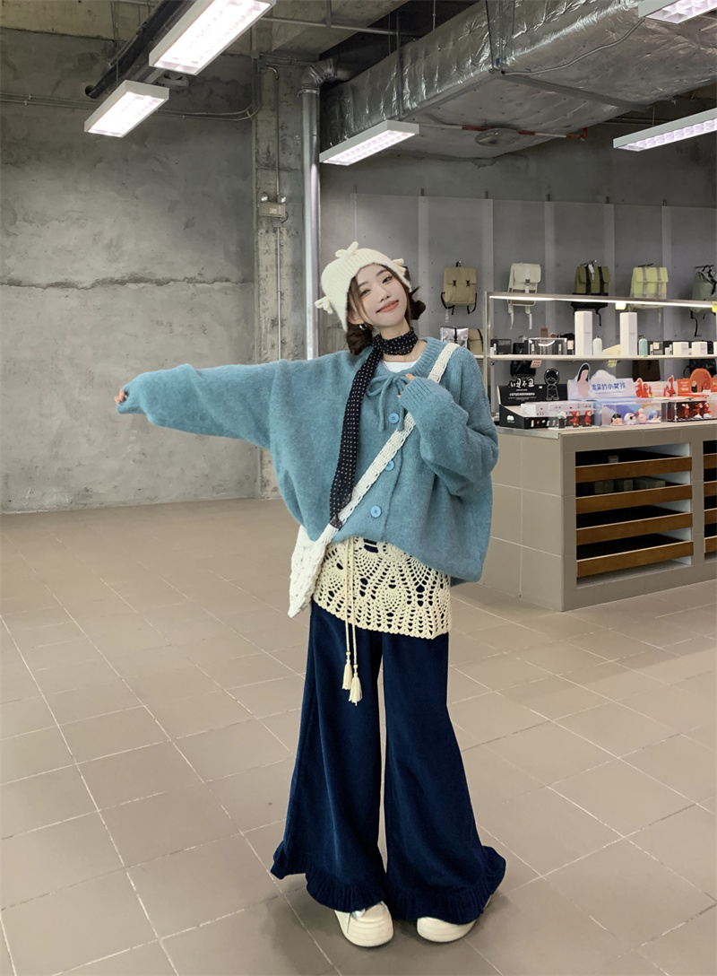 Real shot Lazy style knitted sweater cardigan layered lace knitted half skirt ruffle corduroy casual pants set 