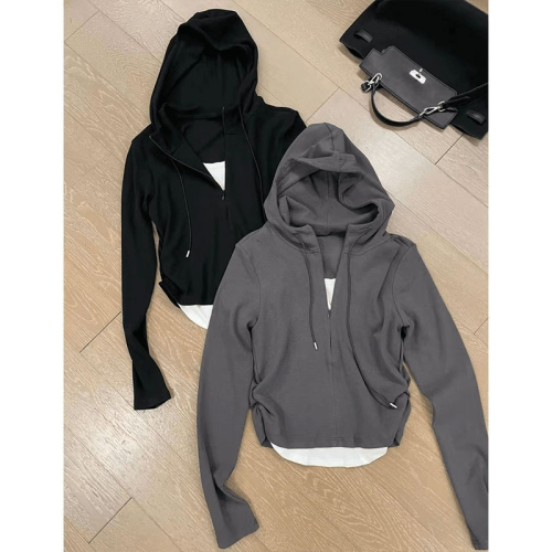 Early autumn new model fat mm slimming waist bottoming shirt fake two pieces irregular hooded long-sleeved T-shirt top