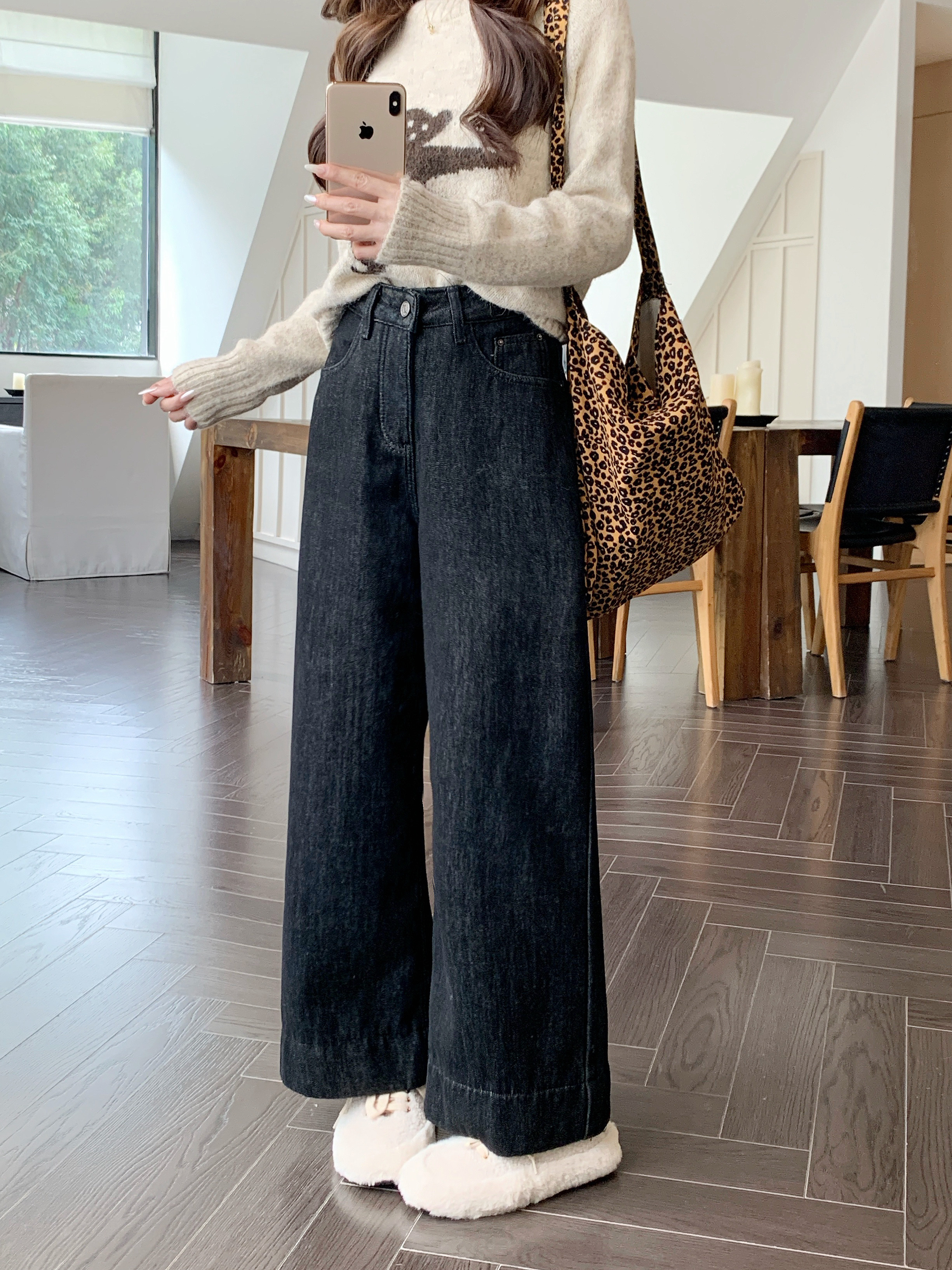 Photographed Winter New Thickened Fleece Straight Leg Wide Denim Nine-Square Pants