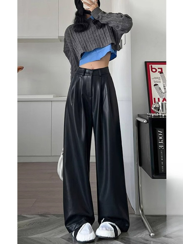 Black leather pants for women, spring and autumn high-waisted wide-leg pants 2024 new straight casual floor-length pants