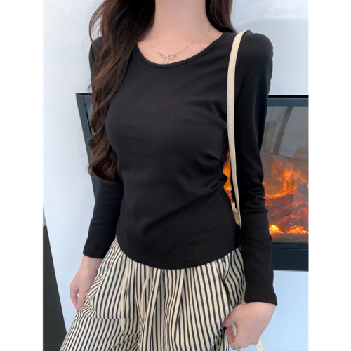 Actual shot of 40 count pure cotton 92 cotton/8 spandex niche pleated slim long-sleeved T-shirt for women with U-neck