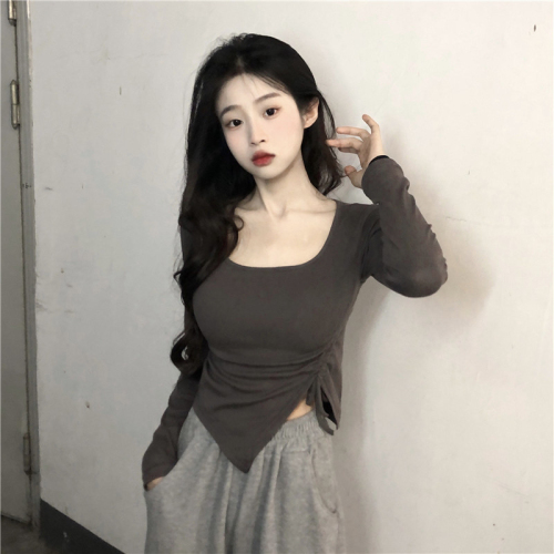 8604# Gypsophila has been shipped ribbed drawstring long-sleeved T-shirt women's autumn slim irregular short top