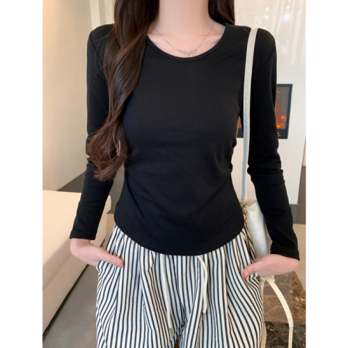 Actual shot of 40 count pure cotton 92 cotton/8 spandex niche pleated slim long-sleeved T-shirt for women with U-neck