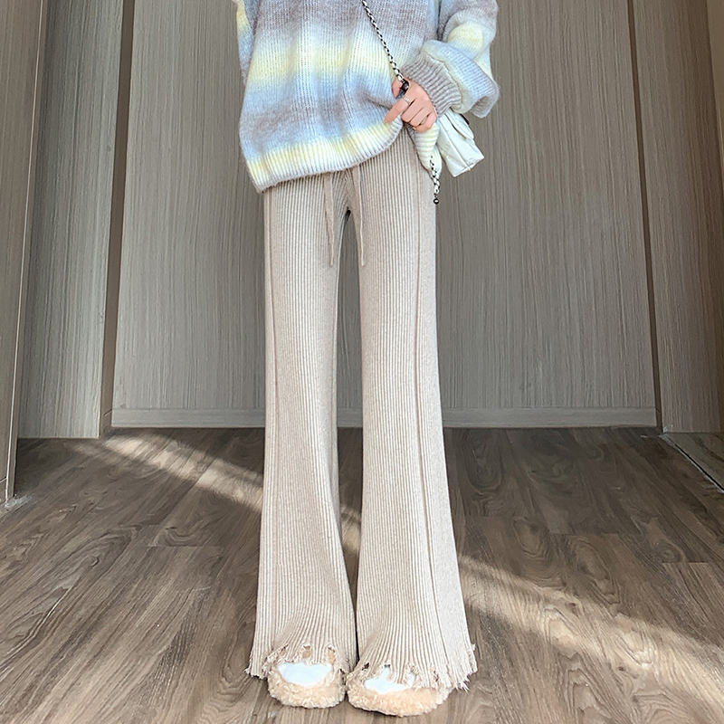 Thickened soft glutinous apricot tassel knitted wide-leg pants for women with vertical pit strips, high waist drawstring, slimming casual floor mopping pants