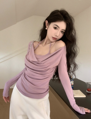 Modal 260g Swing collar halter top purple long-sleeved T-shirt women's slim fit inner layering shirt