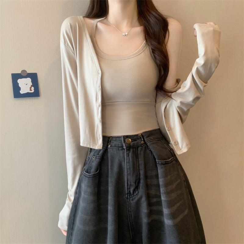 New pure desire with breast pad design halter neck strap + sun protection cardigan two-piece suit for women