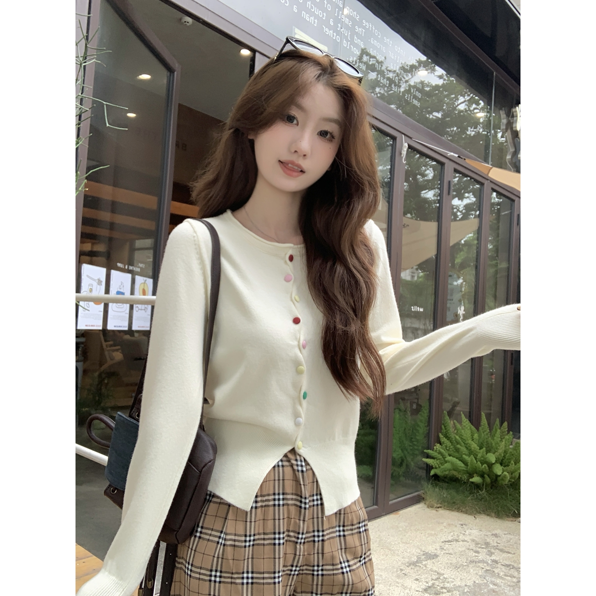 Actual shot of autumn and winter Korean style sweet rainbow buckle versatile Andy velvet sweater long-sleeved sweater cardigan jacket