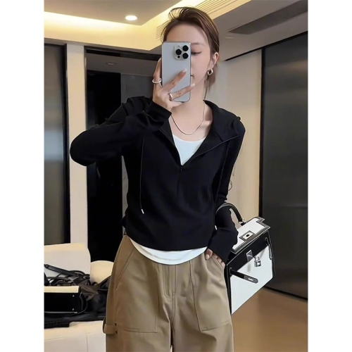 Early autumn new model fat mm slimming waist bottoming shirt fake two pieces irregular hooded long-sleeved T-shirt top