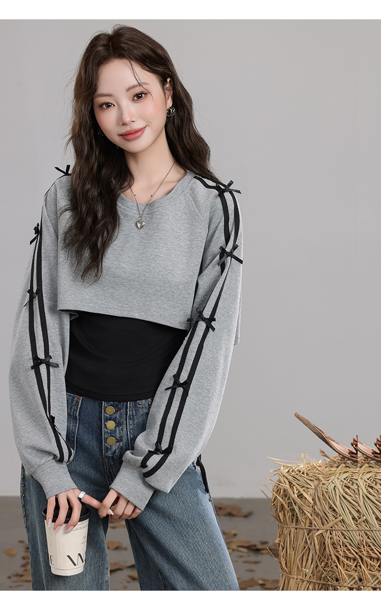 Original quality short long-sleeved sweatshirt for women, new autumn gray top with black slimming vest
