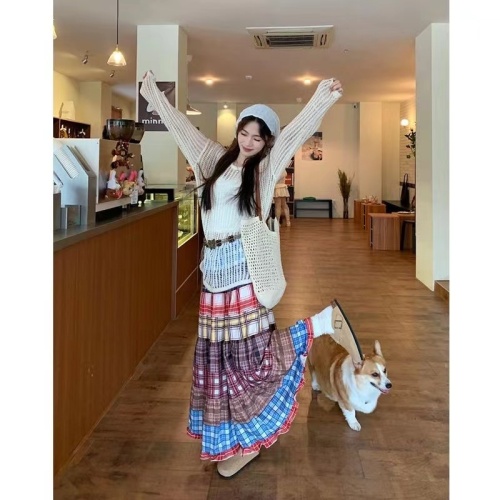 Colorful plaid print splicing skirt for women retro ethnic style high-waisted long skirt